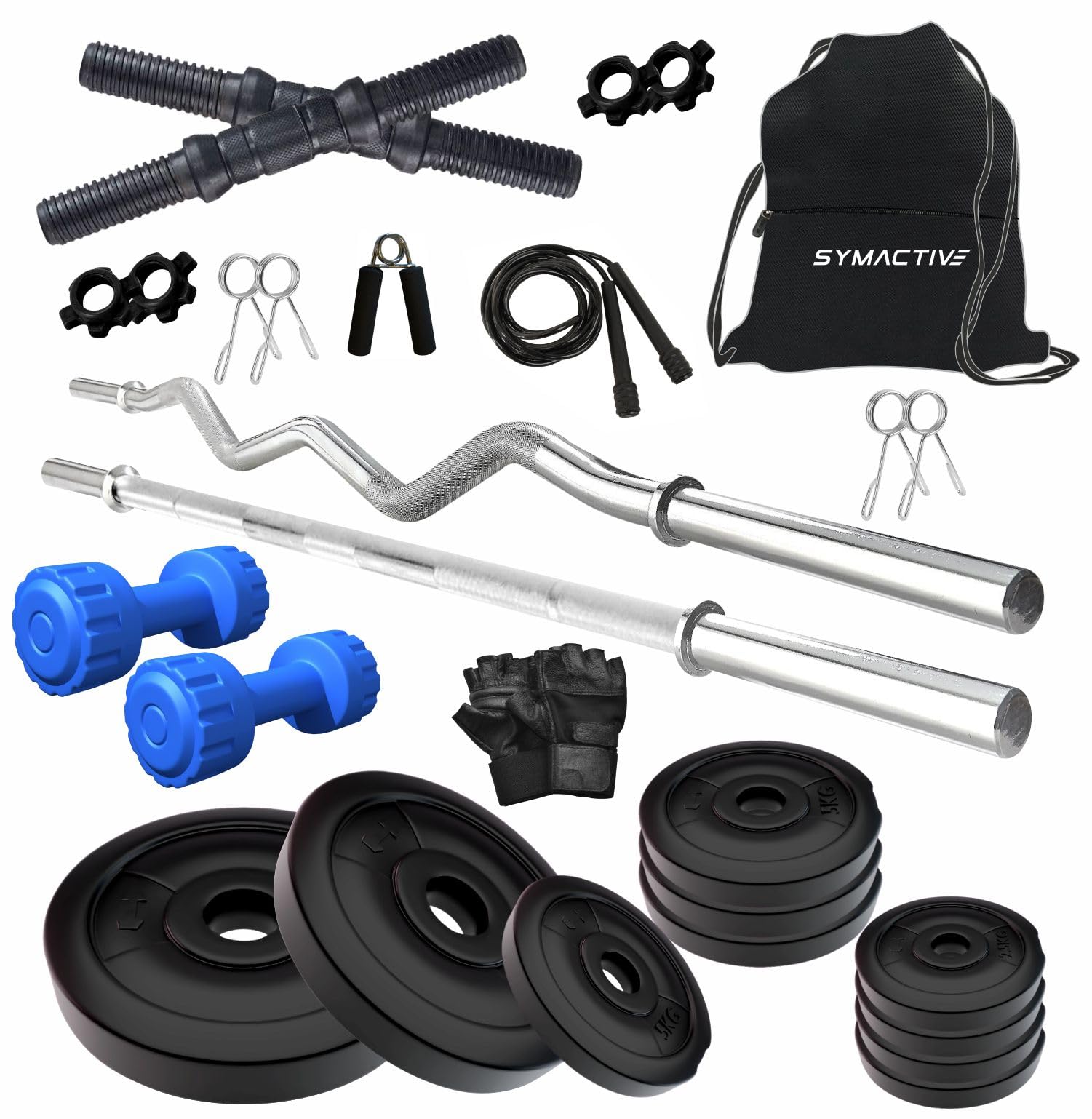 Amazon Brand Symactive 50 KG PVC Dumbbells & Accessories Set – Home Gym Kit with Skipping Rope, Gloves, Gripper & Gym Bag