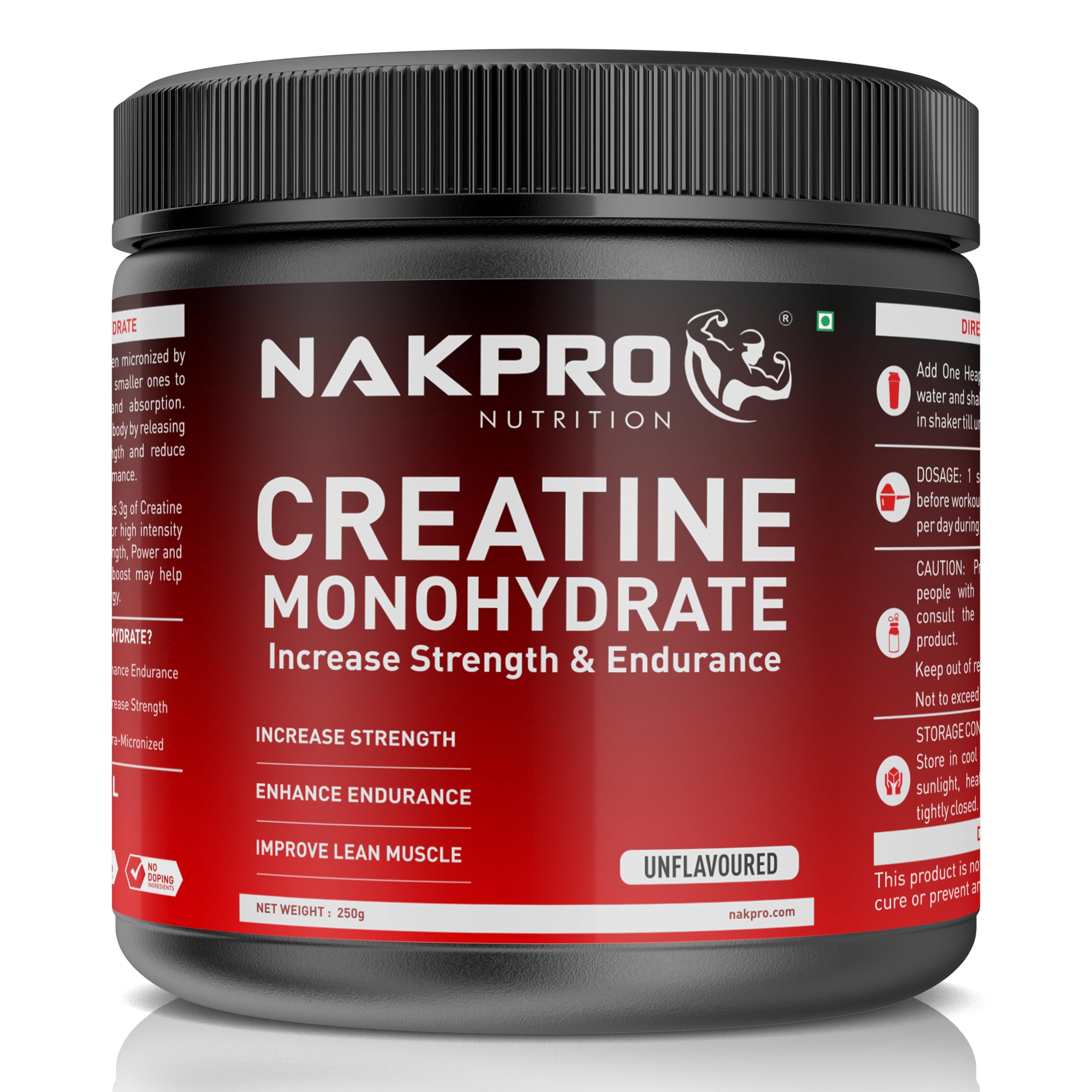 NAKPRO Micronized Creatine Monohydrate – Fast-Dissolving, Unflavoured, Pure Strength & Recovery Booster