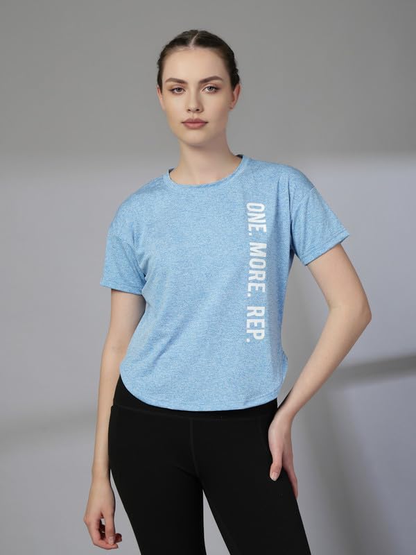 CHKOKKO Women’s Active Sports Wear Printed Apple Cut T-Shirt – Self Blue (Size L)