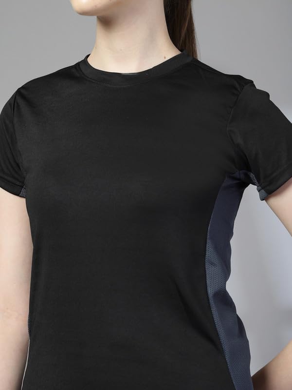CHKOKKO Women’s Quick-Dry Gym T-Shirt – Half-Sleeve, Crew Neck with Breathable Side Mesh (Black)