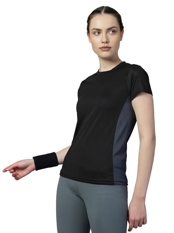CHKOKKO Women’s Quick-Dry Gym T-Shirt – Half-Sleeve, Crew Neck with Breathable Side Mesh (Black)