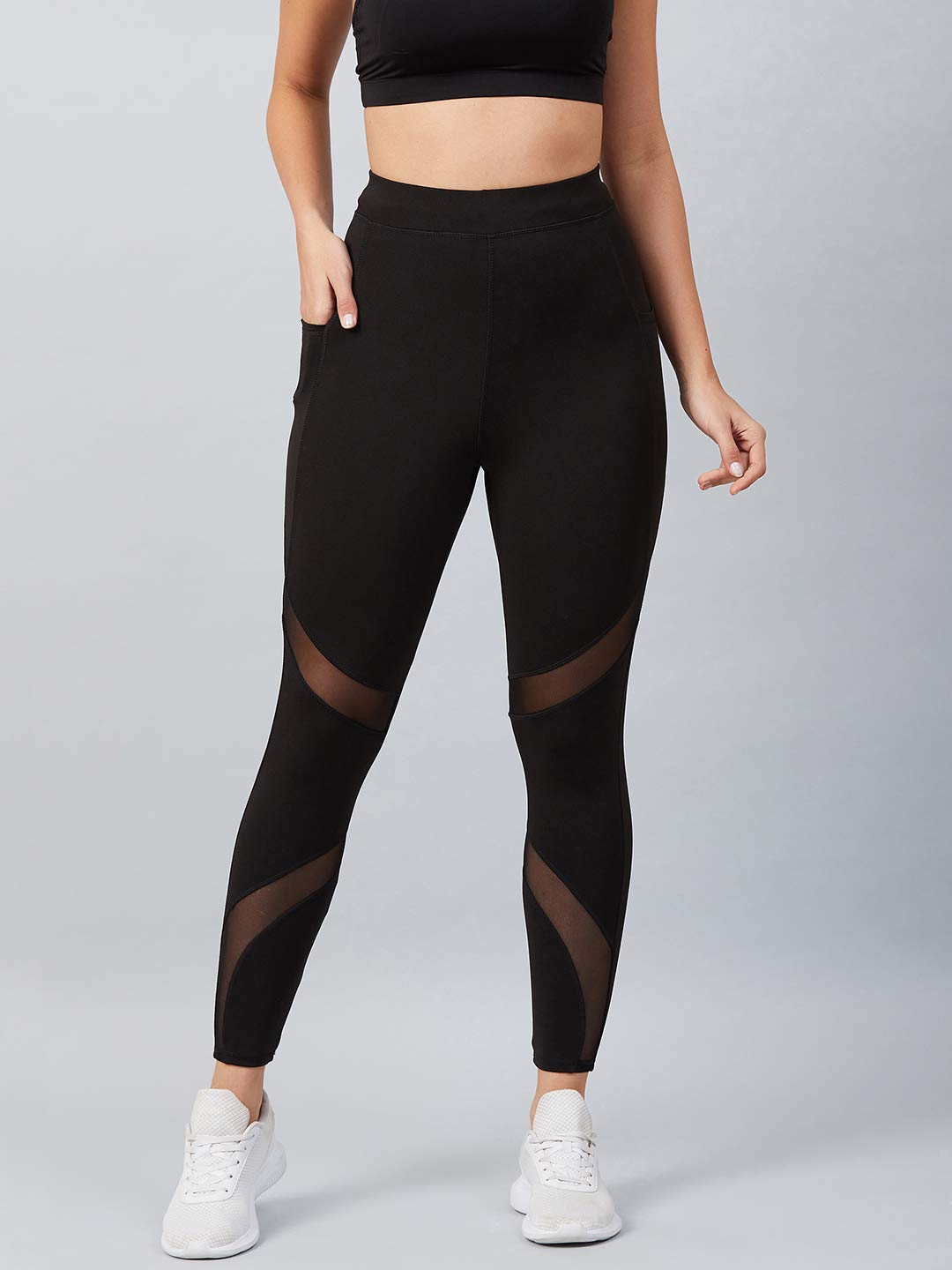 BLINKIN Stretchable High-Waist Gym Leggings – Black, Mesh Panels & Side Pockets