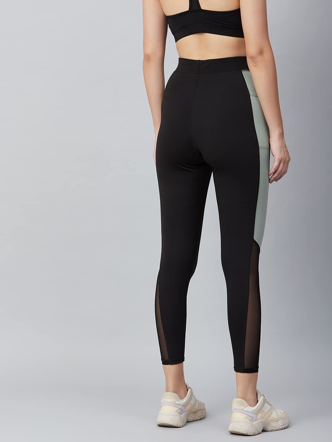 BLINKIN High-Waist Gym Leggings – Black & Green Split, Mesh Panels & Side Pockets