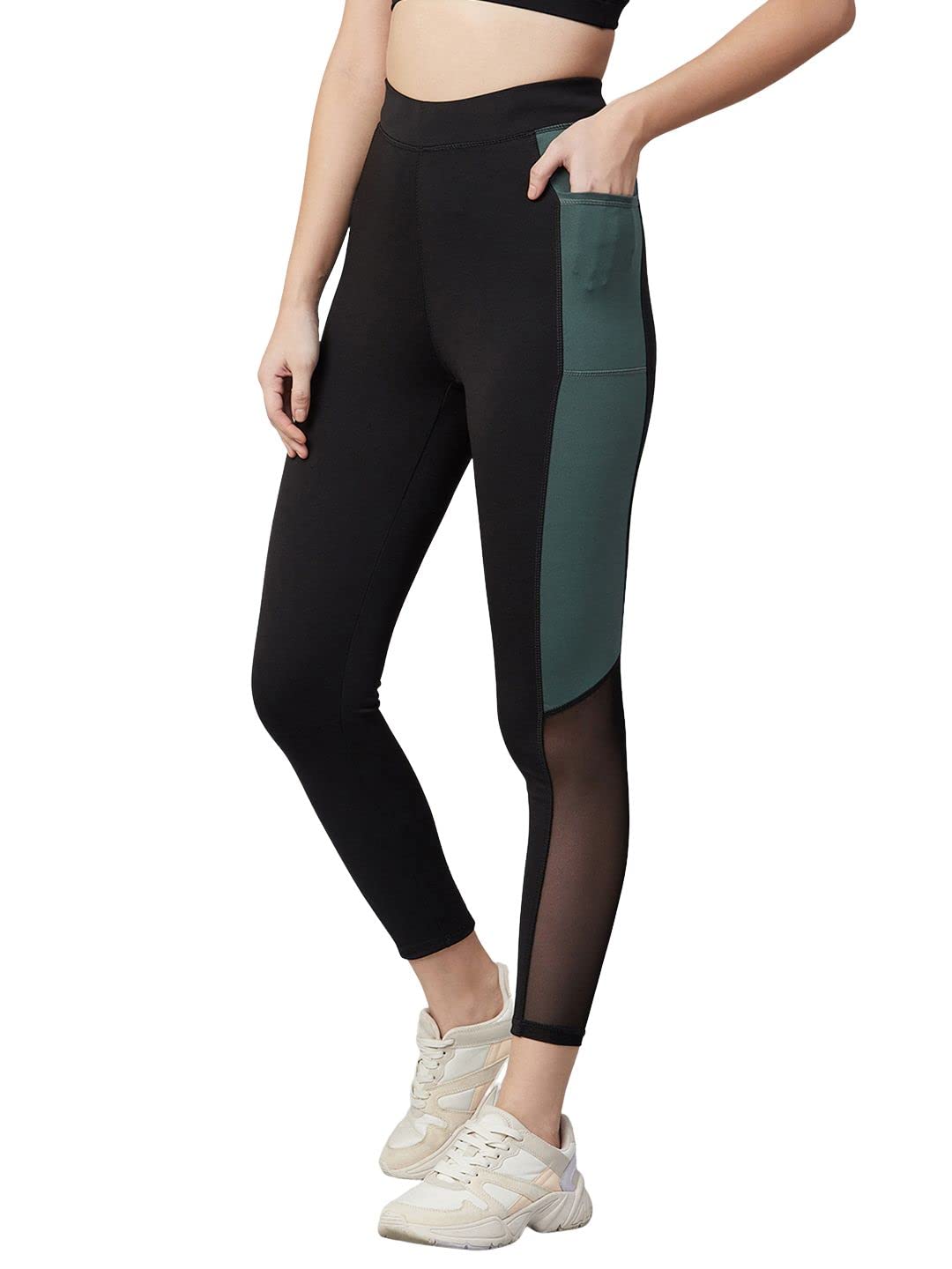 BLINKIN Women's High-Waist Stretchable Workout Leggings with Pockets in Black and Dark Green