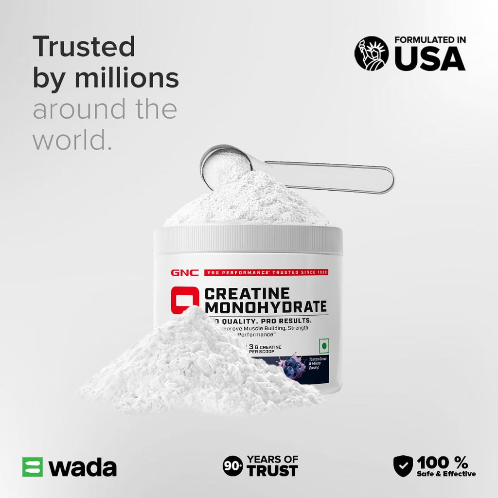 GNC Pro Performance Creatine Monohydrate – Blueberry Flavour | 100 g (3 g per Scoop) Micronized Creatine to Boost Energy, Strength & Muscle Volume
