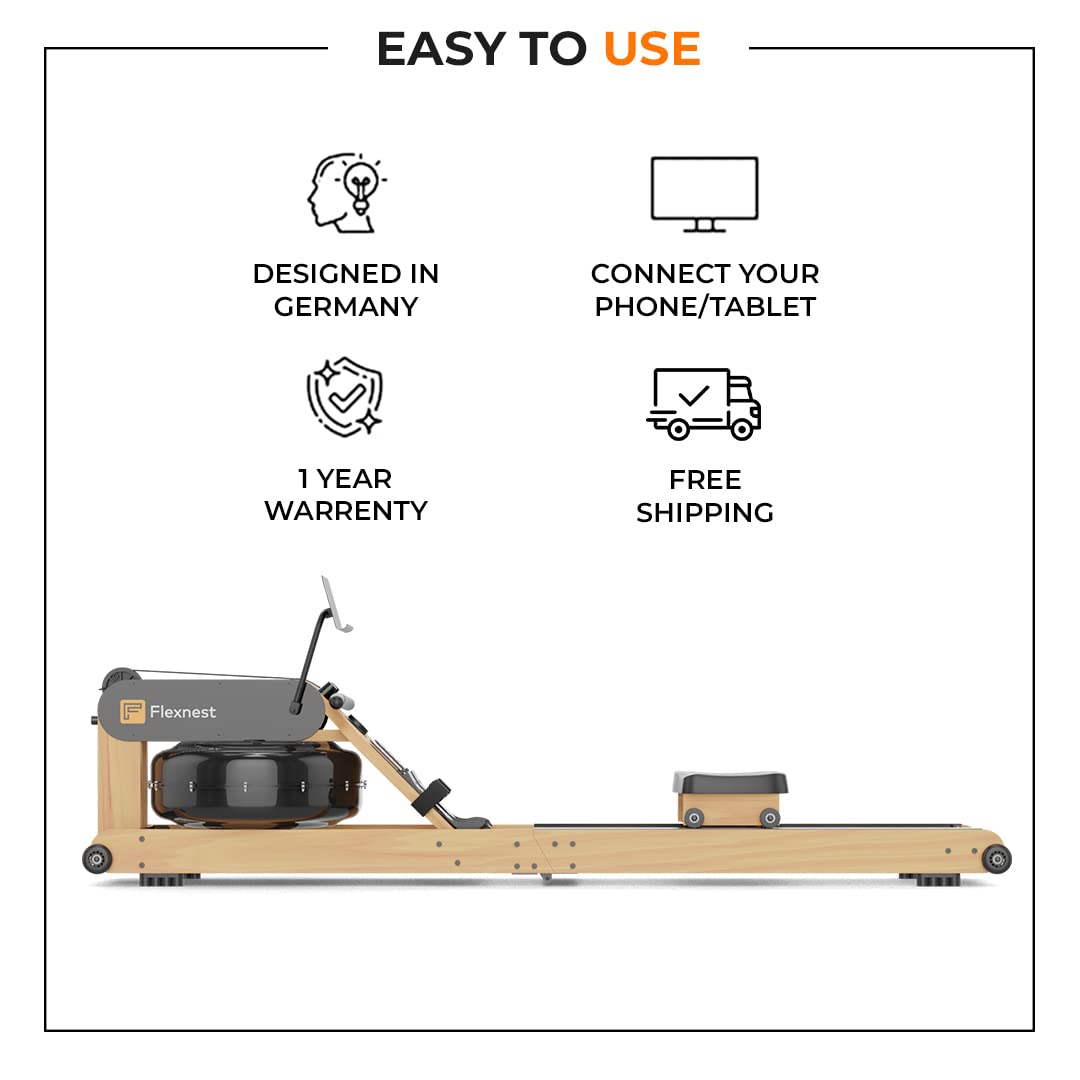 Flexnest Flexrower+ Water Rower – Bluetooth Smart, Imported Wood, Trainer-Led & Virtual Rows
