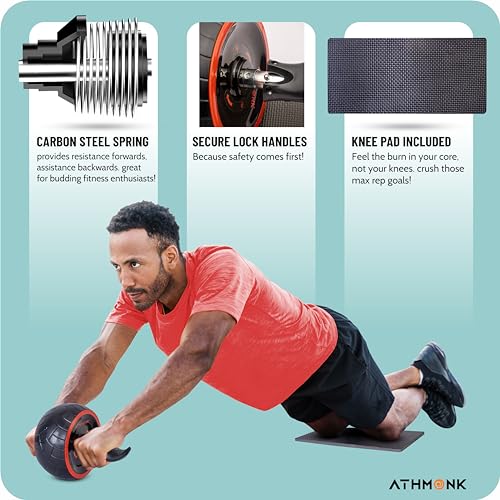 Athmonk Abs Wheel Exerciser – Automatic Rebound Ab Roller for Core Strength, Belly Fat Reduction & Full-Body Toning (Includes Knee Pad & Carry Pouch)
