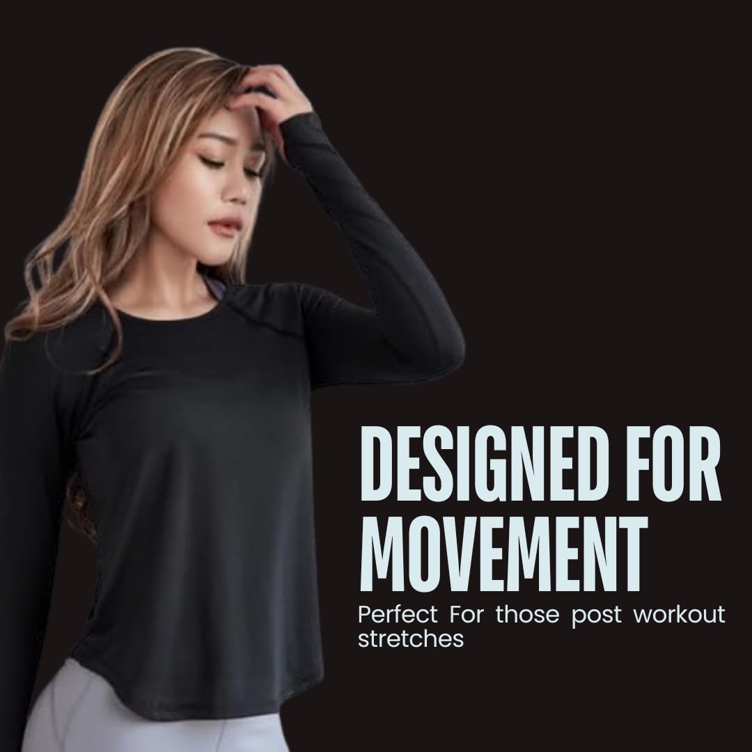 FLINGR Polyester Women's Round Neck Full Sleeves Relaxed Fit T-Shirt – Black (Size Large)
