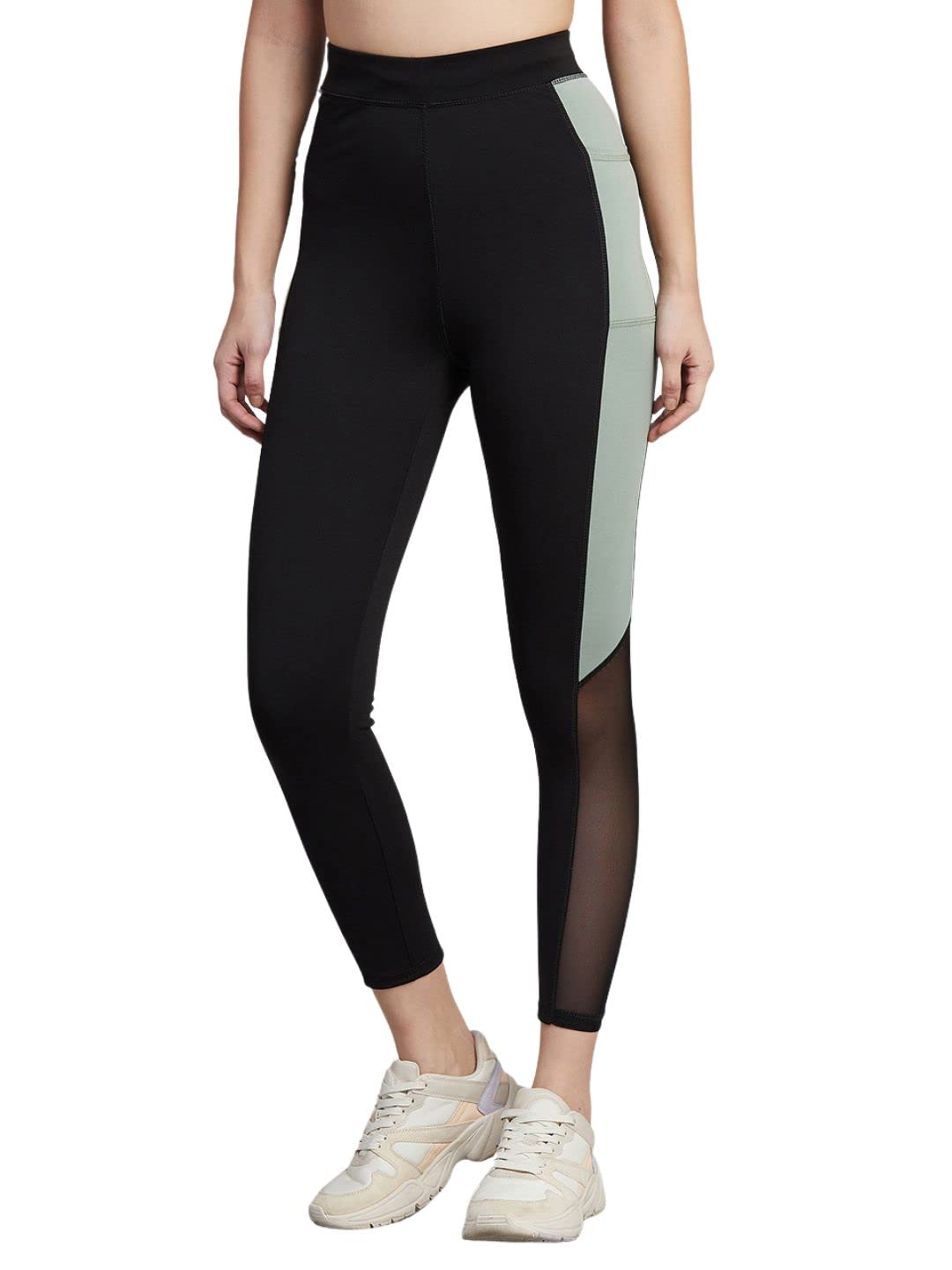 BLINKIN High-Waist Gym Leggings – Black & Green Split, Mesh Panels & Side Pockets