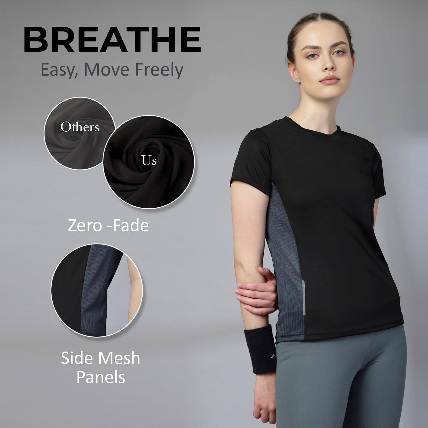 CHKOKKO Women’s Quick-Dry Gym T-Shirt – Half-Sleeve, Crew Neck with Breathable Side Mesh (Black)