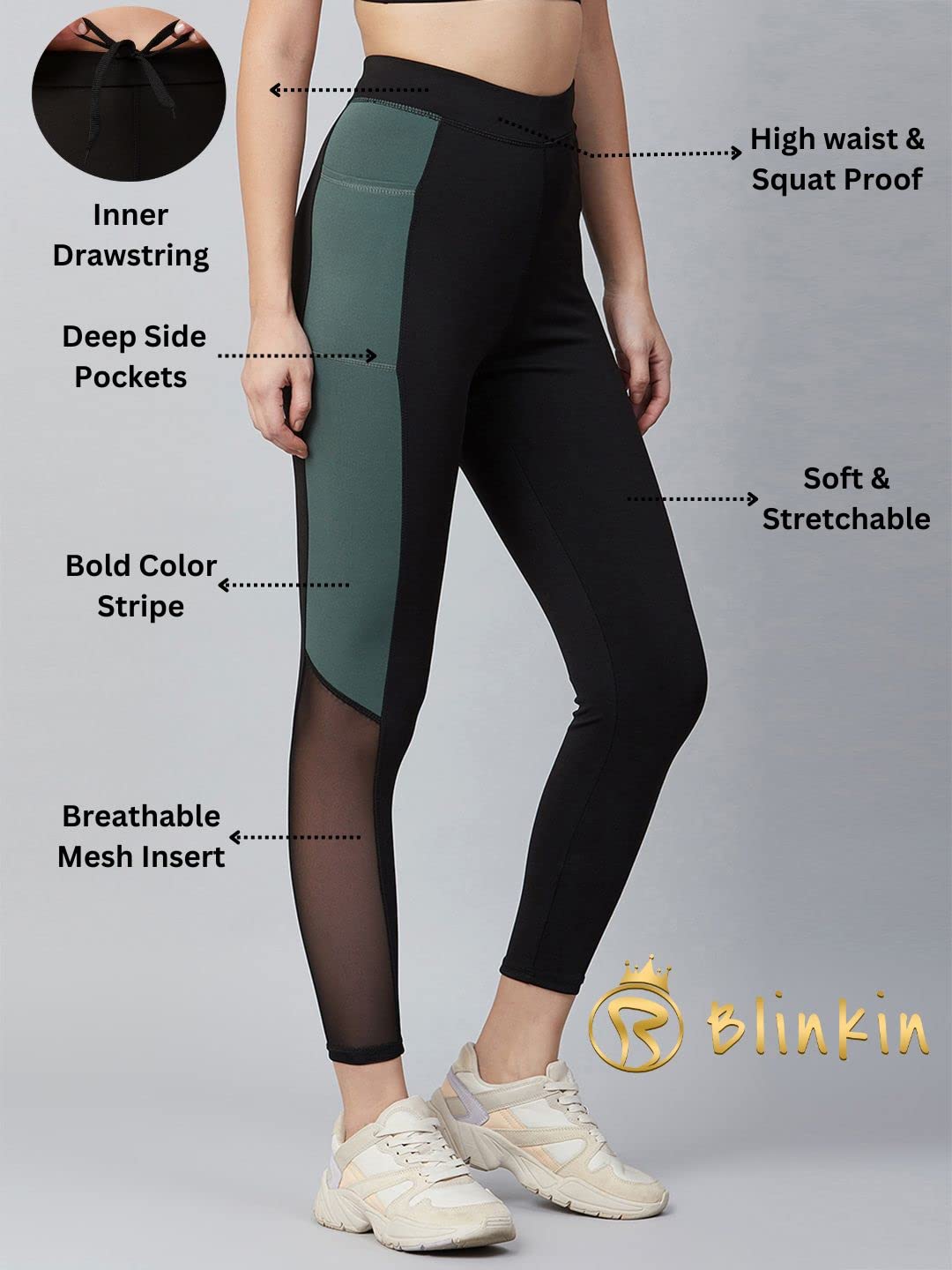 BLINKIN Women's High-Waist Stretchable Workout Leggings with Pockets in Black and Dark Green