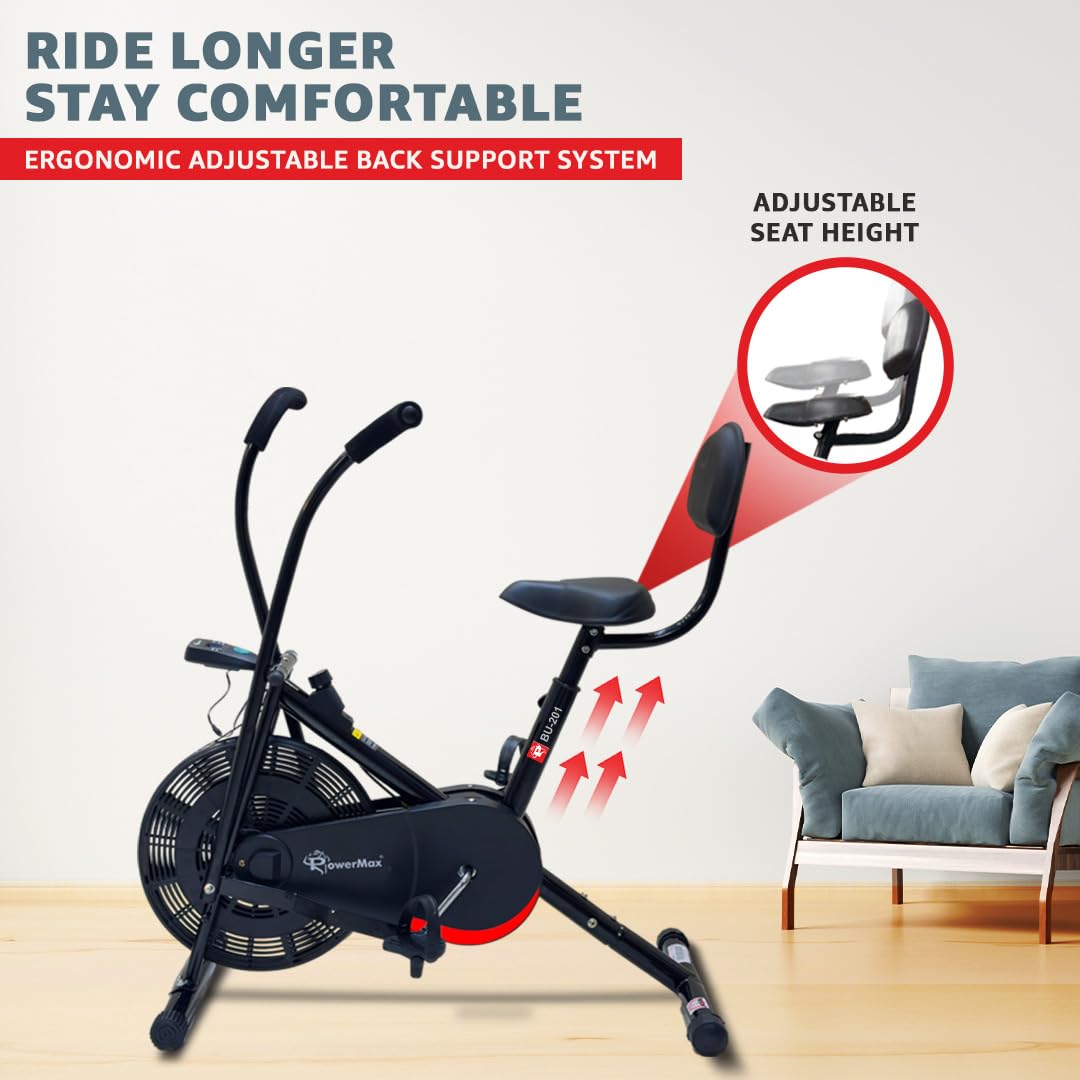PowerMax Fitness BU-201 Dual-Action Air Bike – Adjustable Seat & Back Support, 120 kg Capacity
