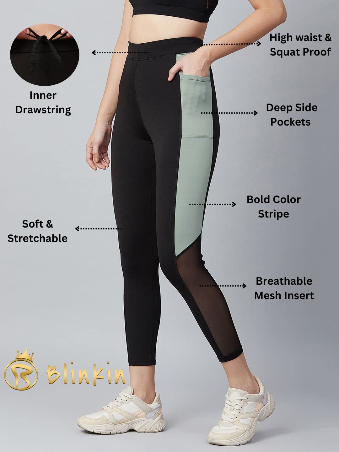 BLINKIN High-Waist Gym Leggings – Black & Green Split, Mesh Panels & Side Pockets
