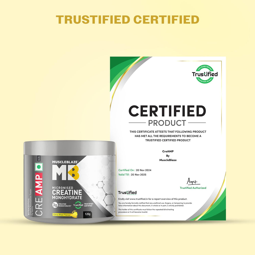 MuscleBlaze Creatine Monohydrate CreAMP™ with CreAbsorb™ – Trustified Certified Pure & Fast-Absorbing Creatine (100g / 3 g Serving)