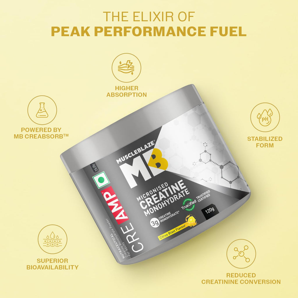 MuscleBlaze Creatine Monohydrate CreAMP™ with CreAbsorb™ – Trustified Certified Pure & Fast-Absorbing Creatine (100g / 3 g Serving)
