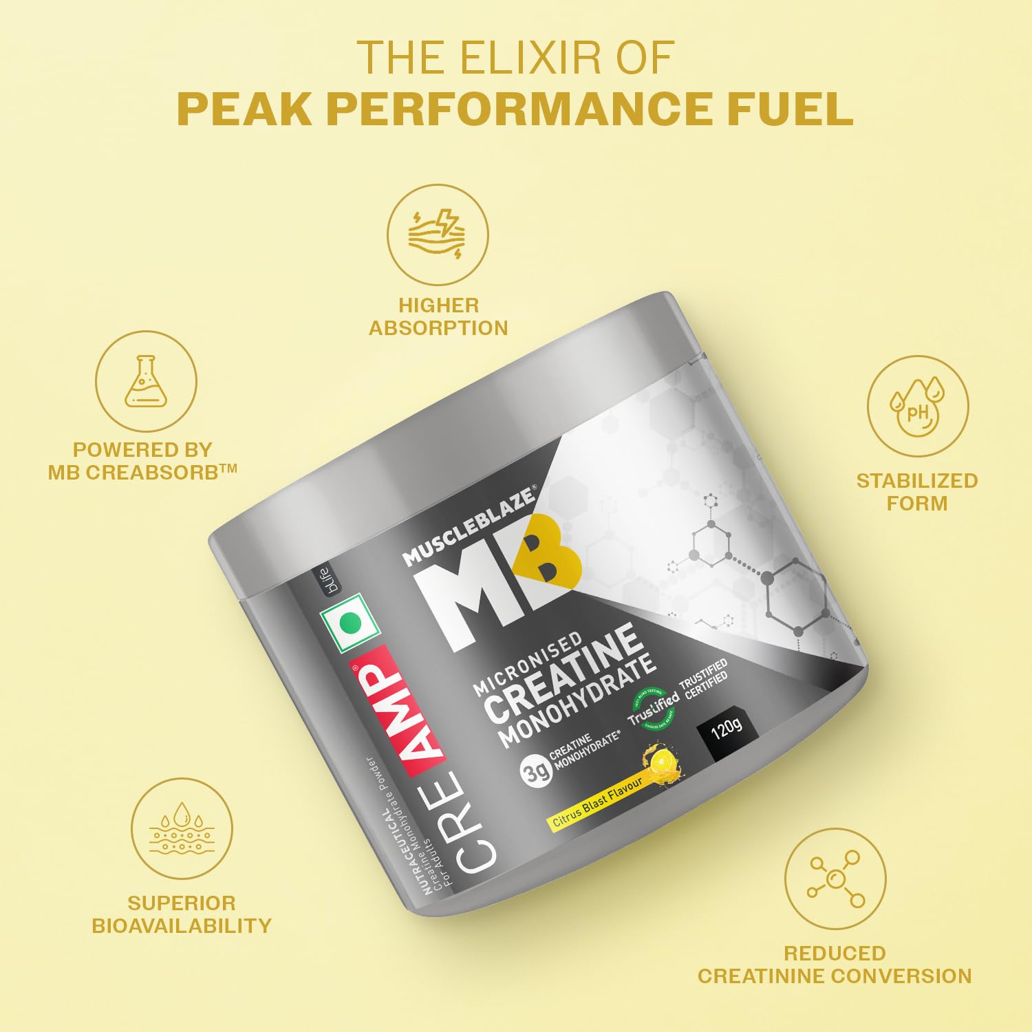 MuscleBlaze Creatine Monohydrate CreAMP™ with CreAbsorb™ – Trustified Certified Pure & Fast-Absorbing Creatine (100g / 3 g Serving)