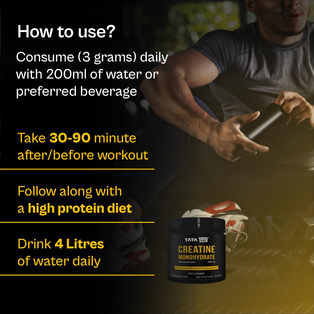 TATA 1MG Creatine Monohydrate – 100% Pure, Micronized & Unflavoured | No Additives • No Preservatives • Fast Absorption