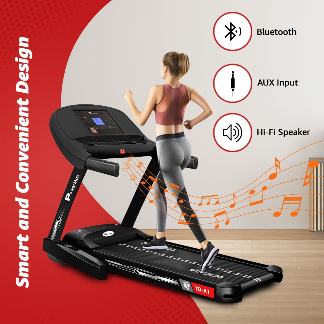 PowerMax Fitness TD-A1 Motorized Folding Treadmill – 6 HP Peak, 15-Level Auto-Incline, 14 km/h, Bluetooth & Speakers