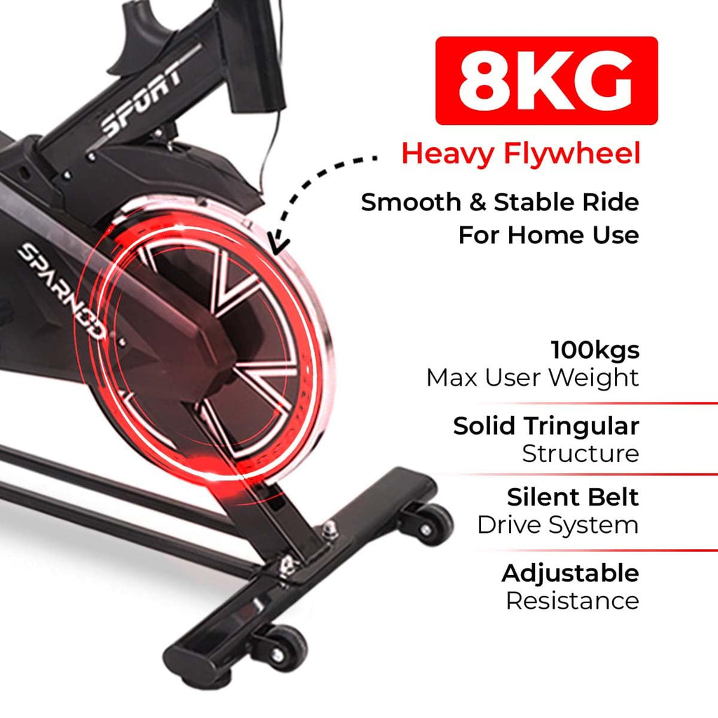 Sparnod Fitness SSB-08 Spin Bike – 8 kg Flywheel, Silent Belt Drive, LED Console