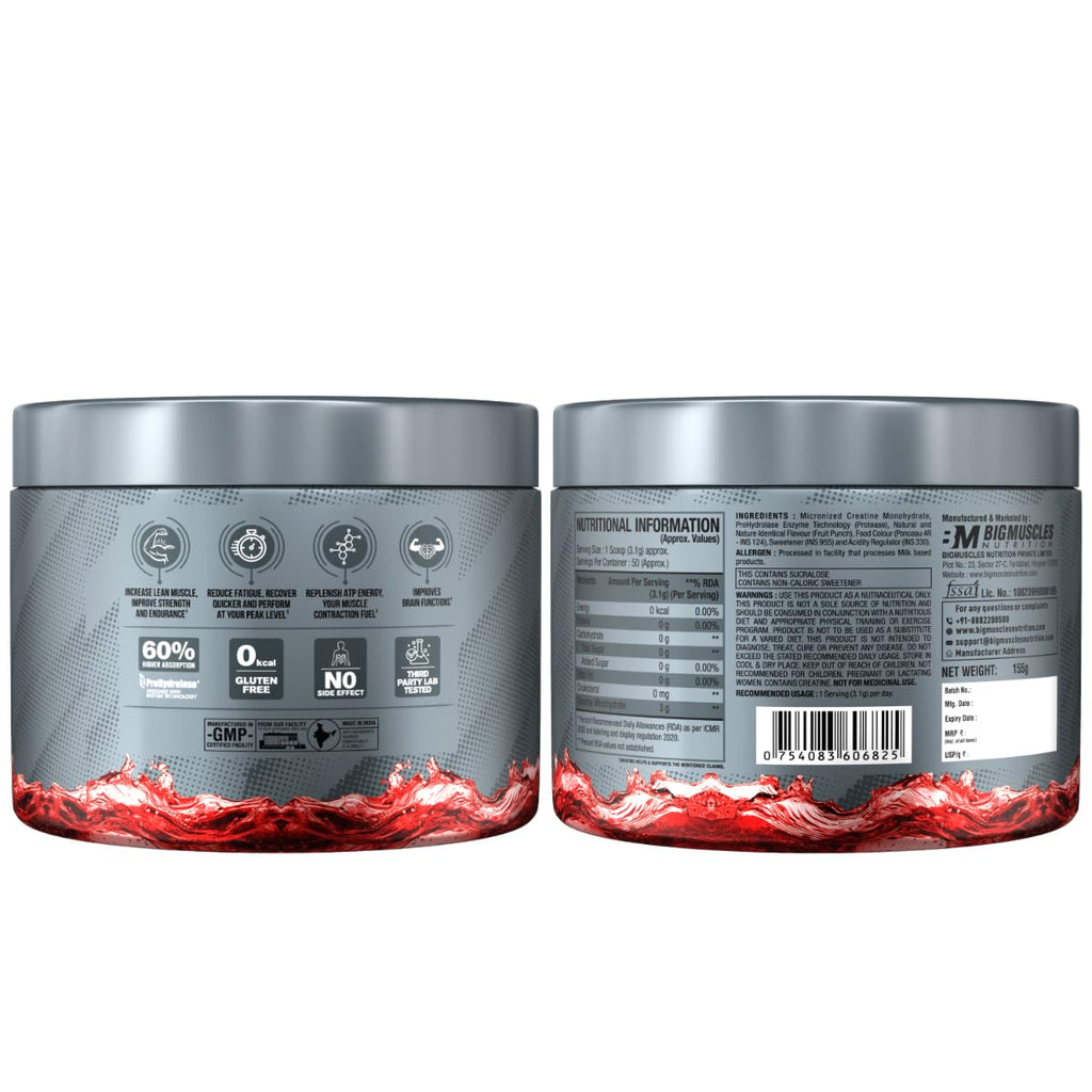 Bigmuscles Nutrition Micronised Creatine Monohydrate – 100 g Pure Creatine Powder (Approx. 33 Servings) – Strength • Recovery • Performance