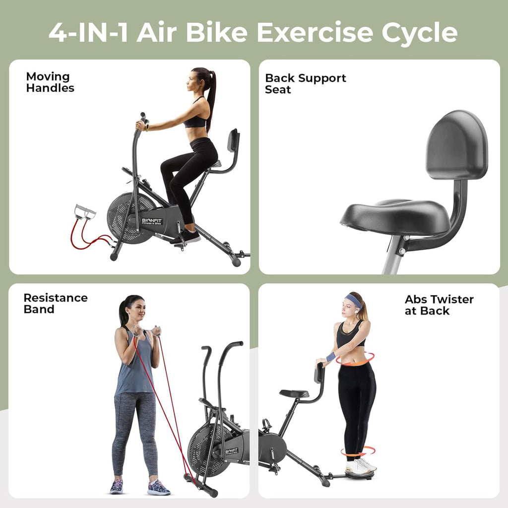 BIONFIT Patented Air Bike – Moving Handles, Attached Resistance Band & 120 kg Capacity