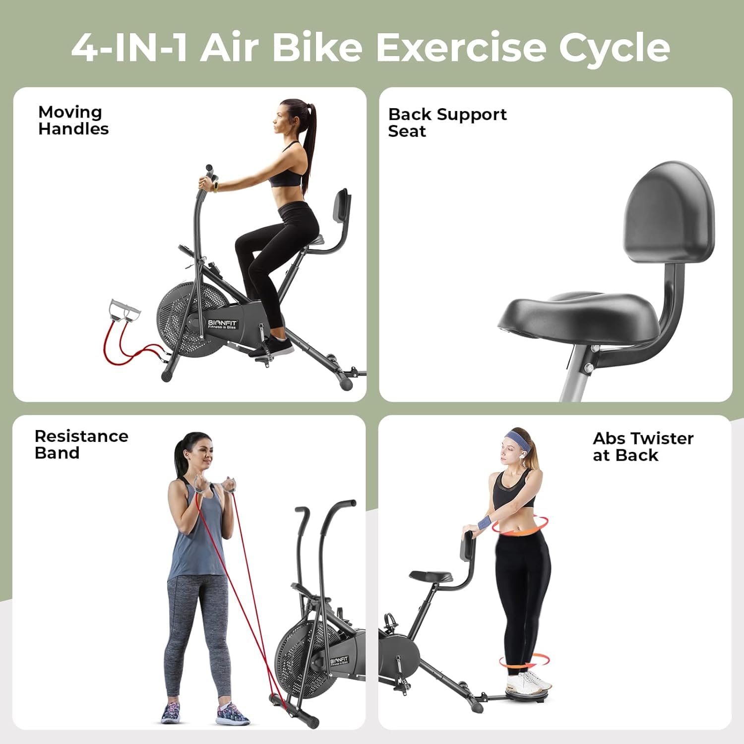 BIONFIT Patented Air Bike – Moving Handles, Attached Resistance Band & 120 kg Capacity