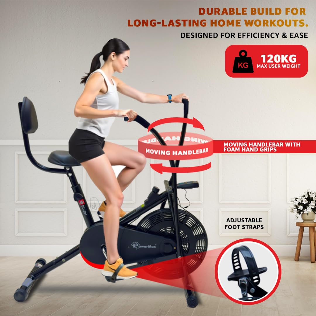 PowerMax Fitness BU-201 Dual-Action Air Bike – Adjustable Seat & Back Support, 120 kg Capacity