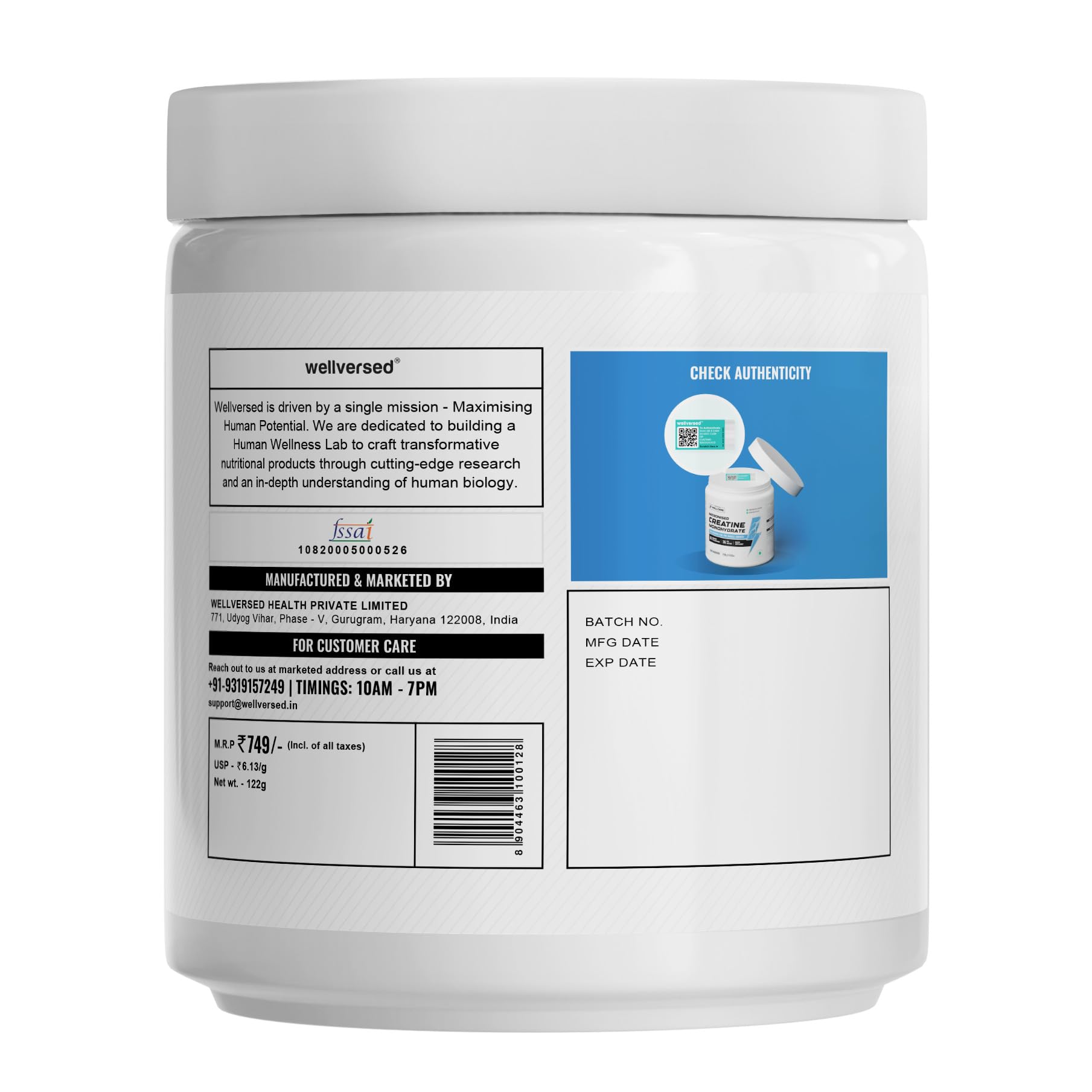 Wellcore Micronised Creatine Monohydrate – 100% Pure, Lab Tested, Rapid Absorption Powder (100 g / 33 Servings)