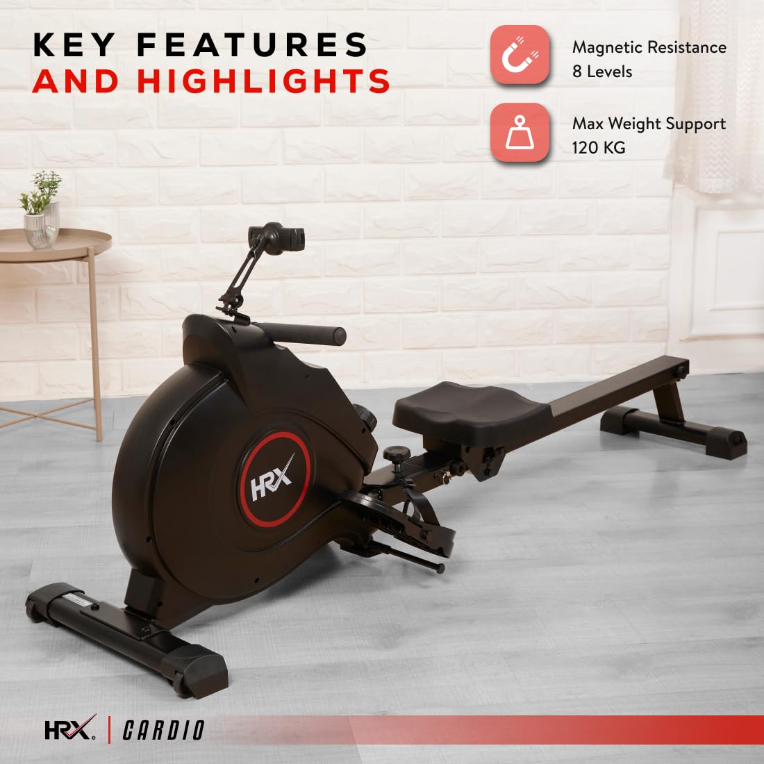 HRX Marsh Magnetic Rowing Machine – 8 Resistance Levels, Durable Steel & Aluminum Frame, 120 kg Capacity
