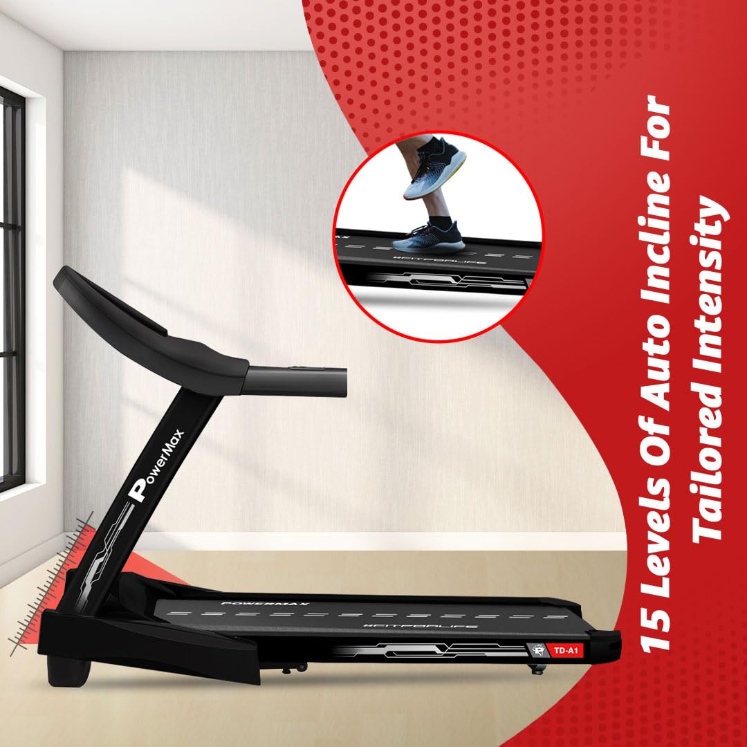PowerMax Fitness TD-A1 Motorized Folding Treadmill – 6 HP Peak, 15-Level Auto-Incline, 14 km/h, Bluetooth & Speakers