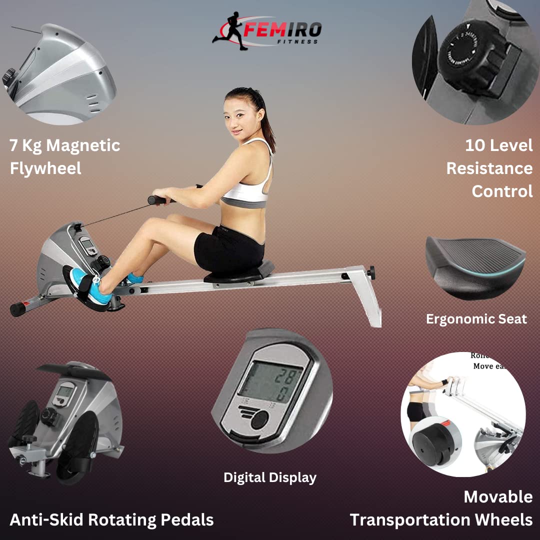 Femiro Fitness RM-300 Magnetic Rower – 7 kg Flywheel, 10 Resistance Levels, Foldable with LCD Display