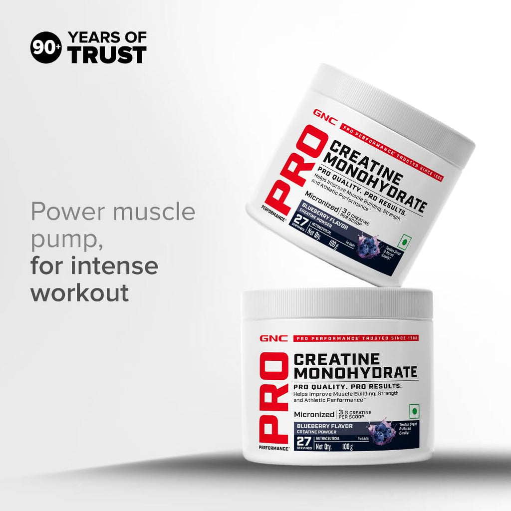 GNC Pro Performance Creatine Monohydrate – Blueberry Flavour | 100 g (3 g per Scoop) Micronized Creatine to Boost Energy, Strength & Muscle Volume