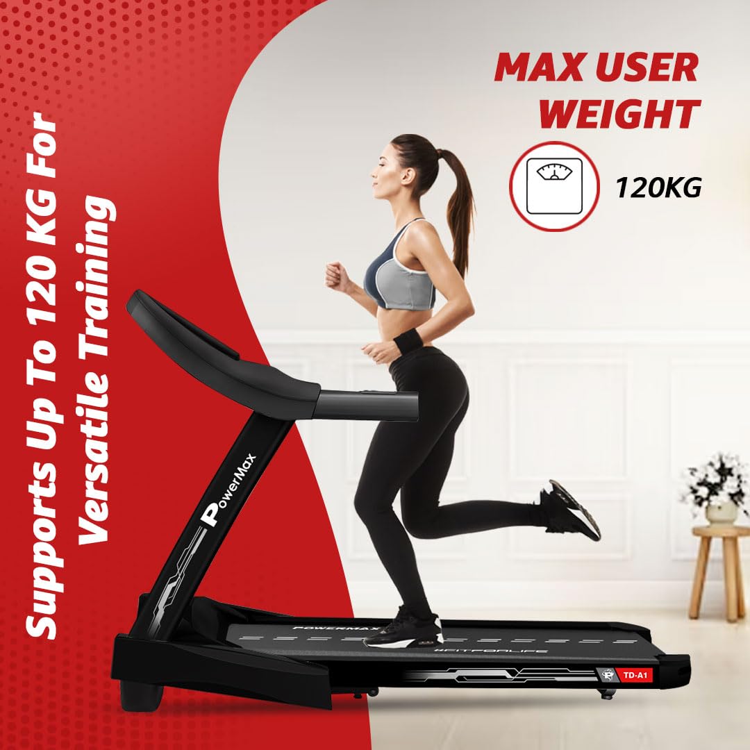 PowerMax Fitness TD-A1 Motorized Folding Treadmill – 6 HP Peak, 15-Level Auto-Incline, 14 km/h, Bluetooth & Speakers