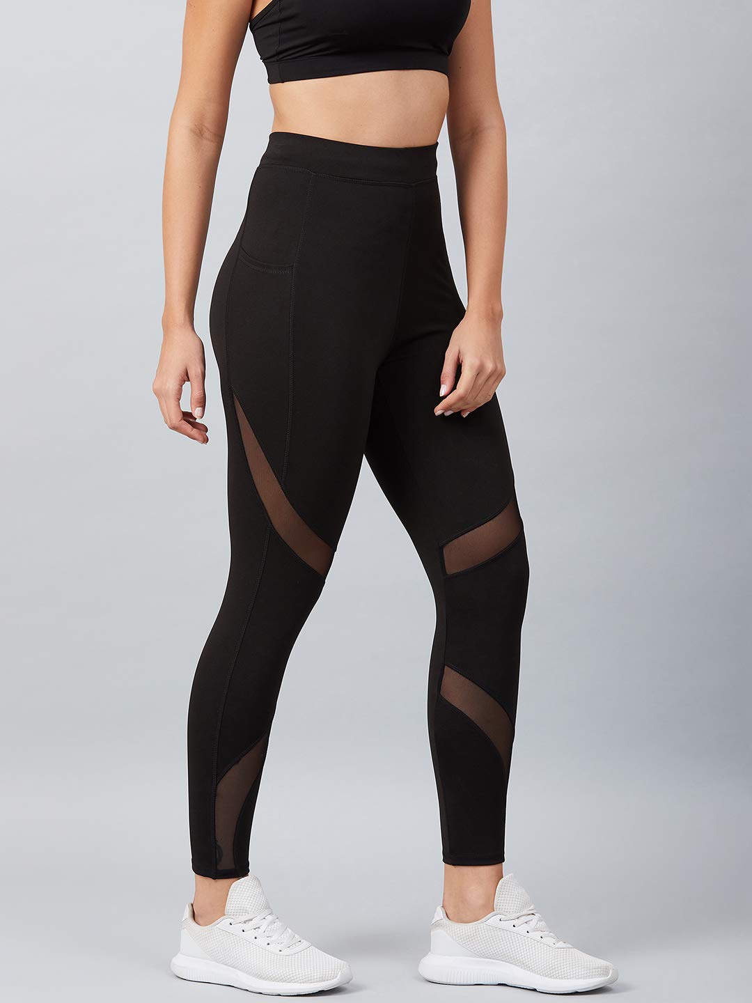 BLINKIN Stretchable High-Waist Gym Leggings – Black, Mesh Panels & Side Pockets
