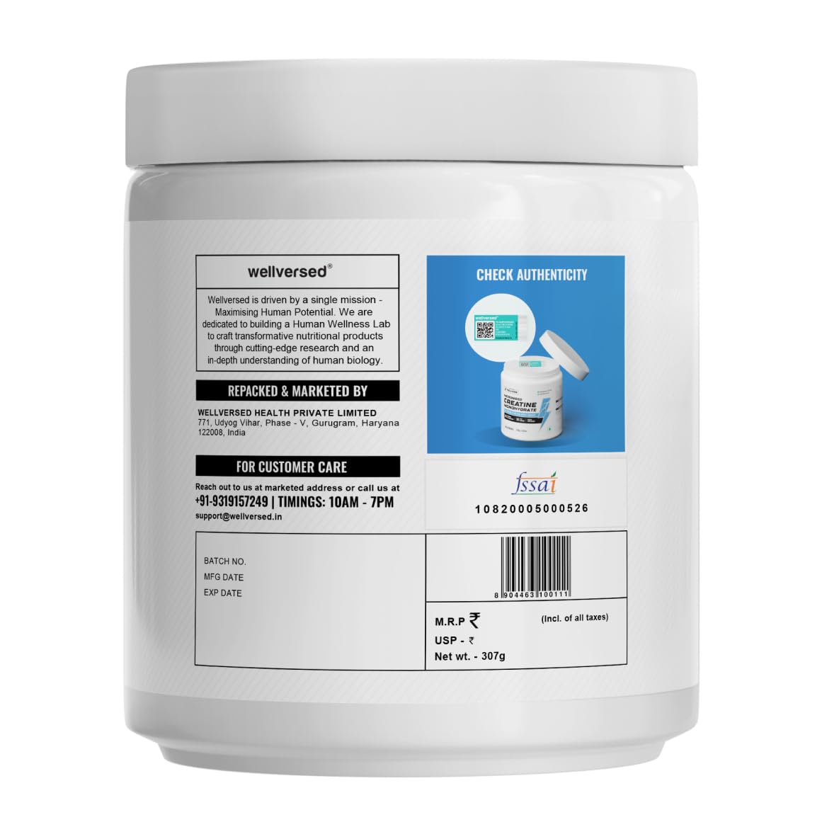 Wellcore Micronised Creatine Monohydrate – Enhanced Absorption / Lab-Tested, Pure Unflavoured (100 g / ~33 Servings)