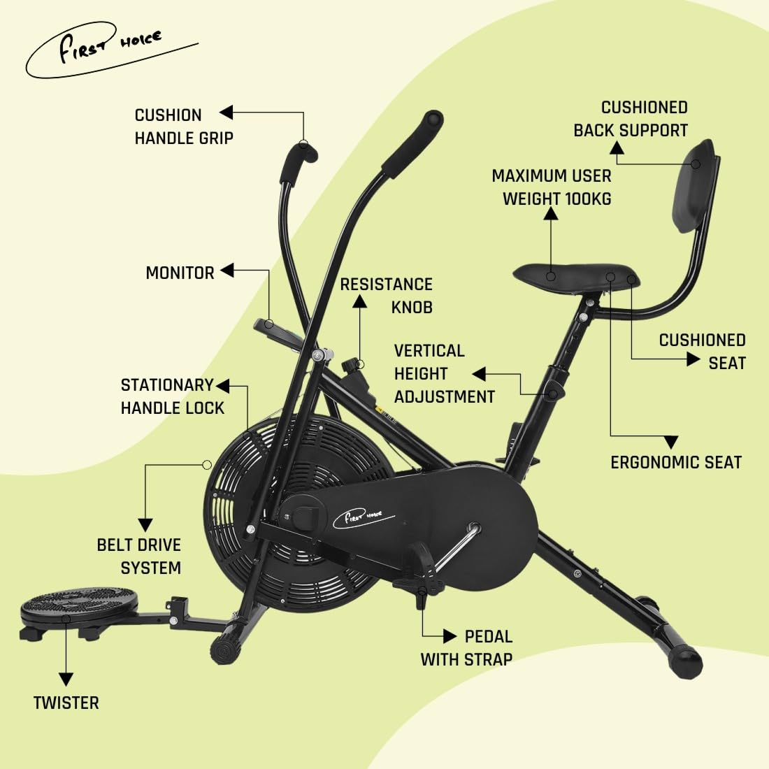 FIRST CHOICE FC-110 BST Air Bike – Moving/Stationary Handles, Back Support, Twister & Adjustable Air Resistance (110 kg Capacity)