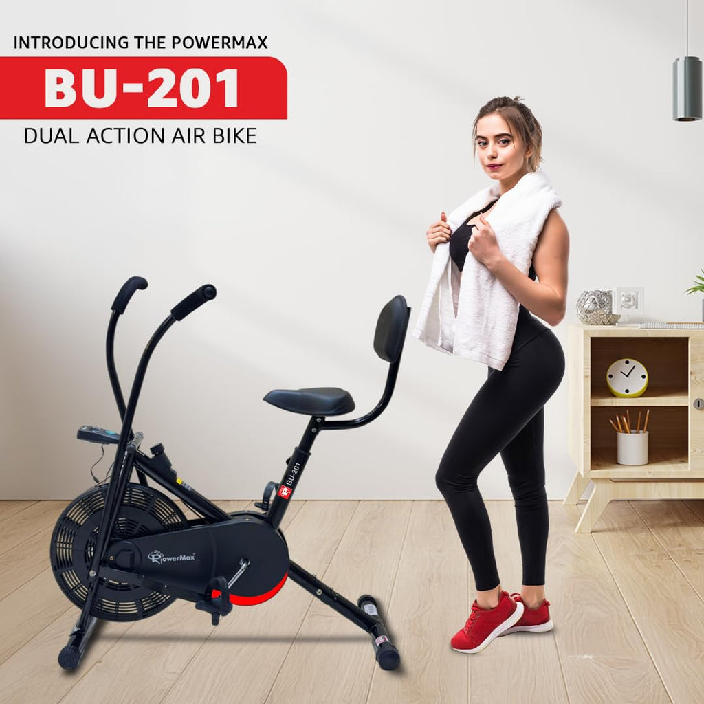 PowerMax Fitness BU-201 Dual-Action Air Bike – Adjustable Seat & Back Support, 120 kg Capacity