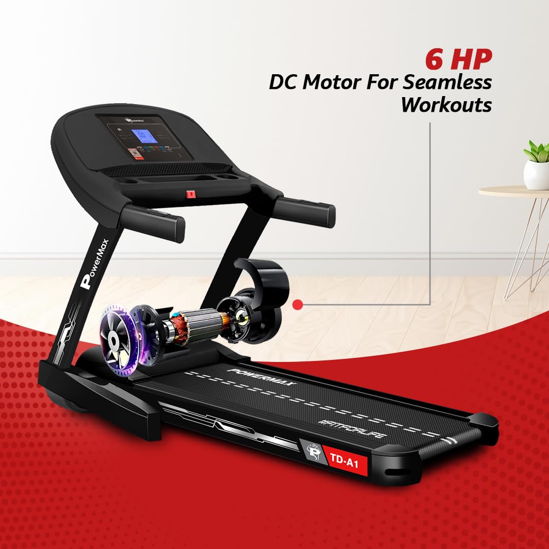 PowerMax Fitness TD-A1 Motorized Folding Treadmill – 6 HP Peak, 15-Level Auto-Incline, 14 km/h, Bluetooth & Speakers