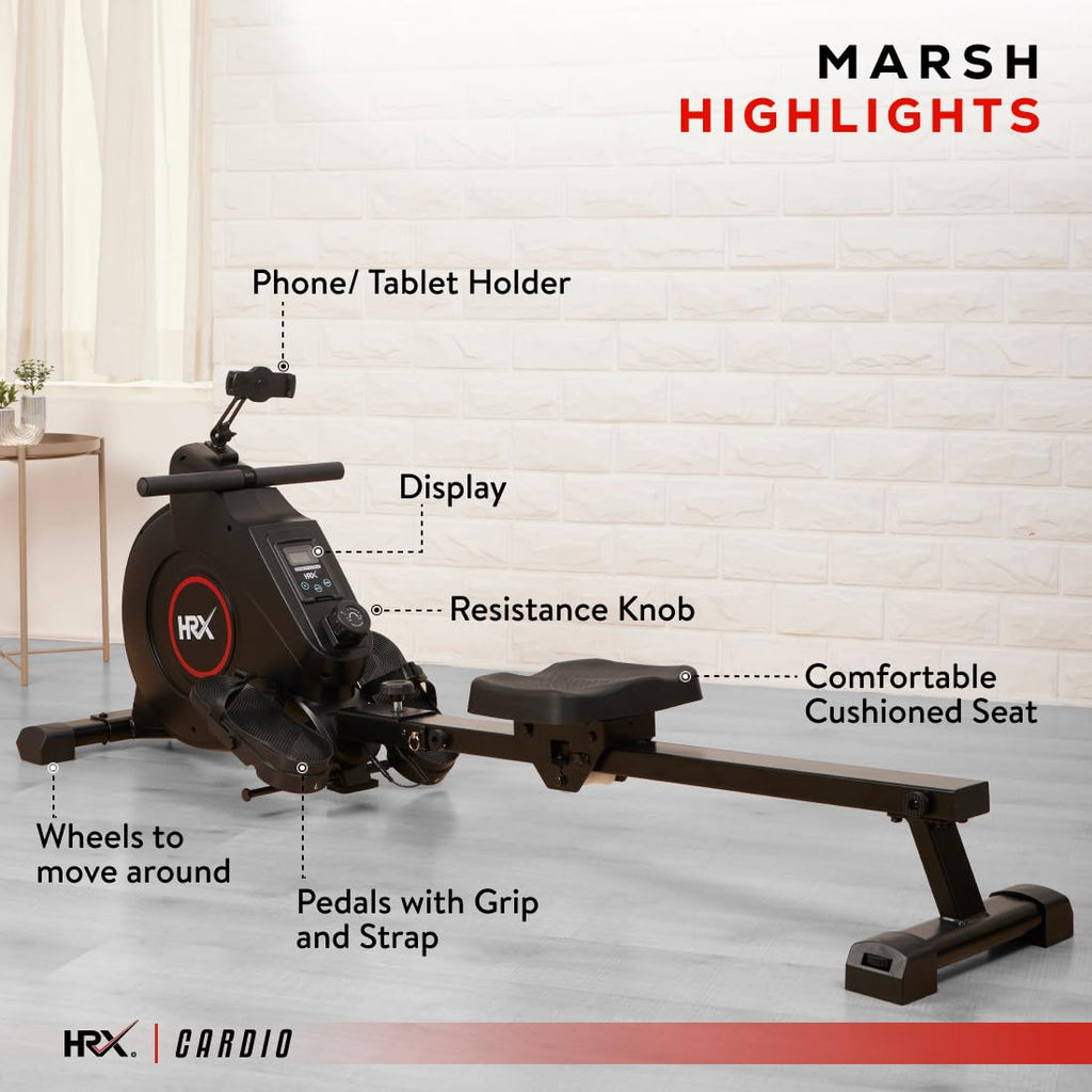 HRX Marsh Magnetic Rowing Machine – 8 Resistance Levels, Durable Steel & Aluminum Frame, 120 kg Capacity