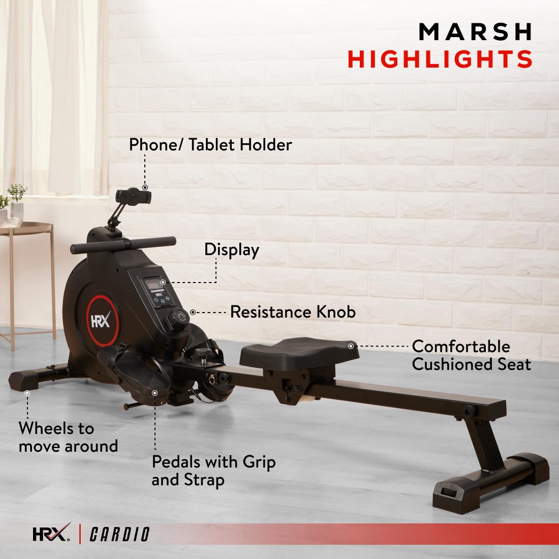 HRX Marsh Magnetic Rowing Machine – 8 Resistance Levels, Durable Steel & Aluminum Frame, 120 kg Capacity