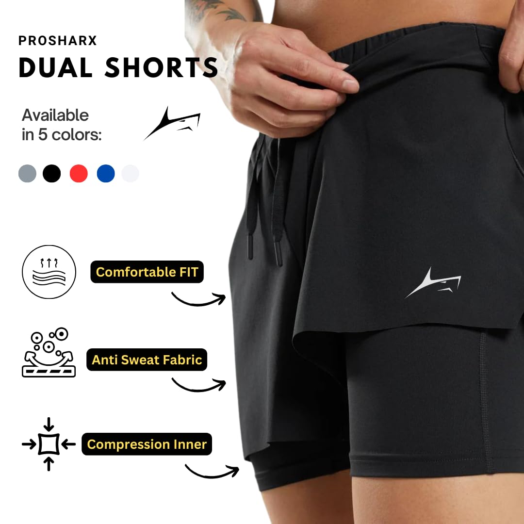 PROSHARX Men's 2-in-1 Active Dual Shorts with Inner Tights Layer – Black