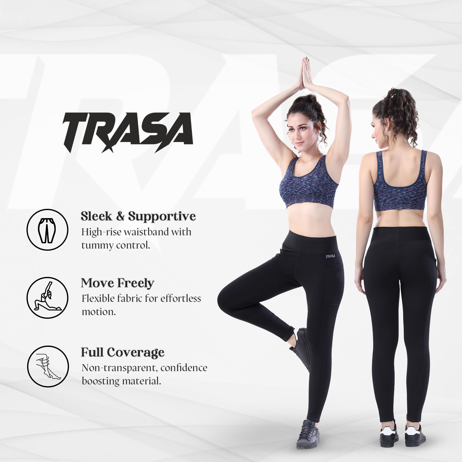 TRASA High-Waist Tummy-Control Yoga Leggings – 3 Pockets, 4-Way Stretch