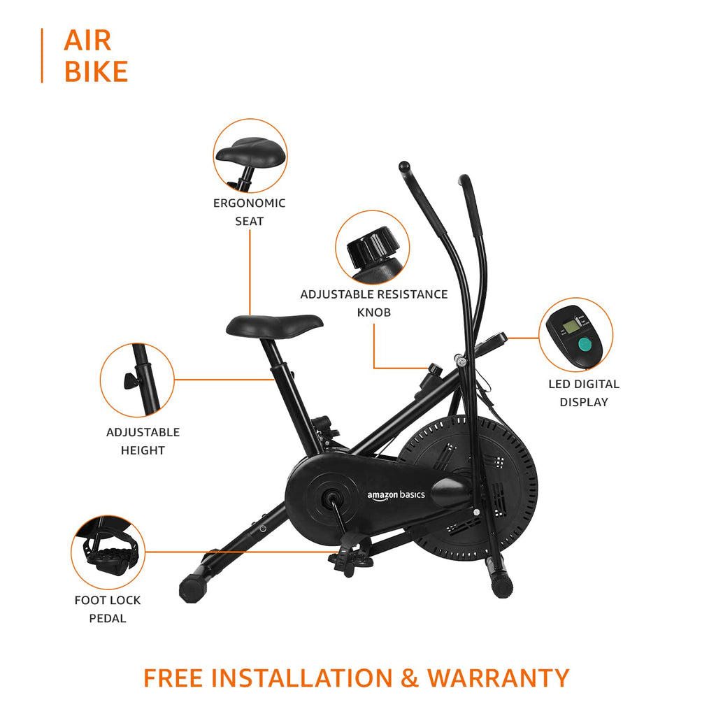 AmazonBasics Stationary Exercise Bike – Adjustable Cushioned Seat & Dual-Workout Handles (Upright/Air)