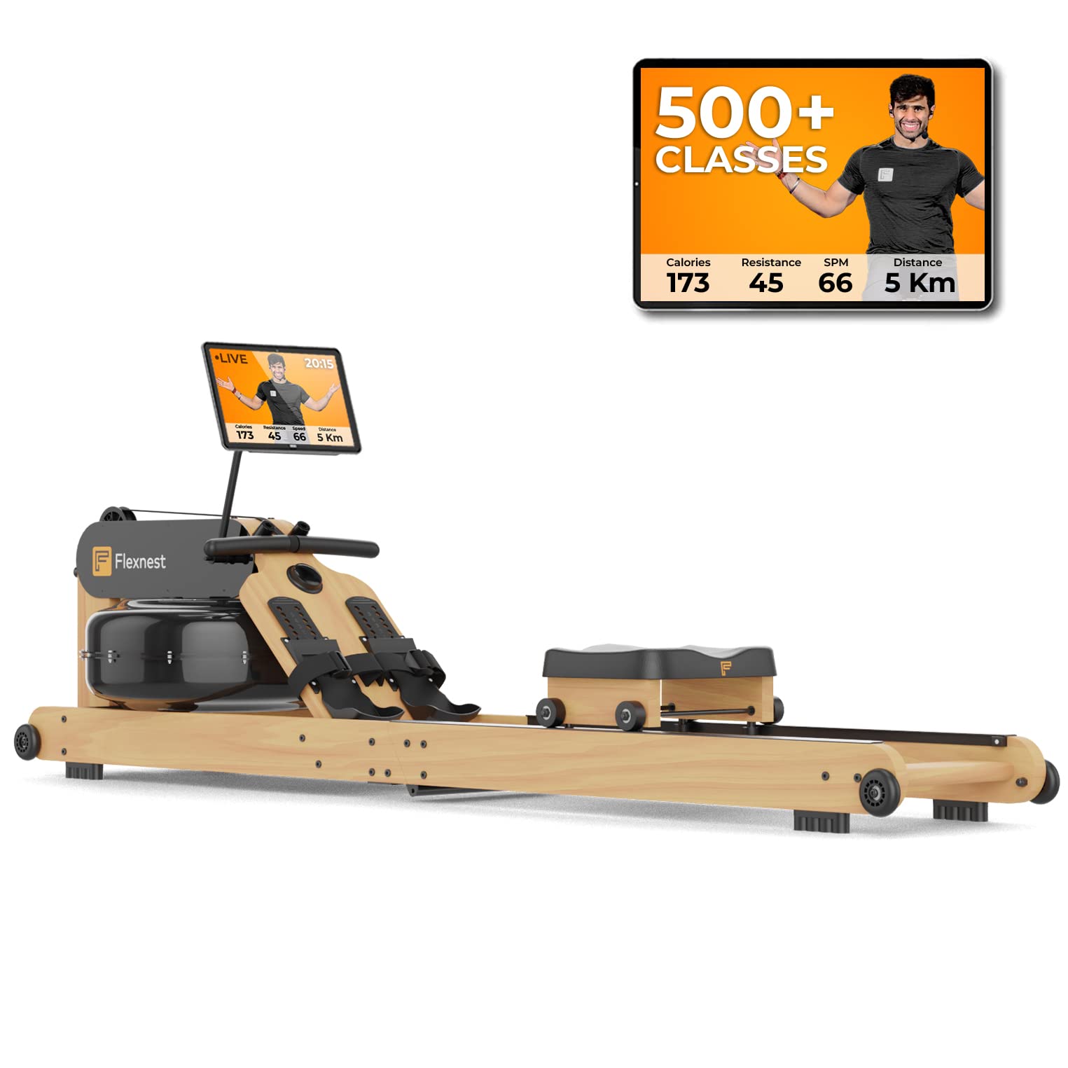 Flexnest Flexrower+ Water Rower – Bluetooth Smart, Imported Wood, Trainer-Led & Virtual Rows
