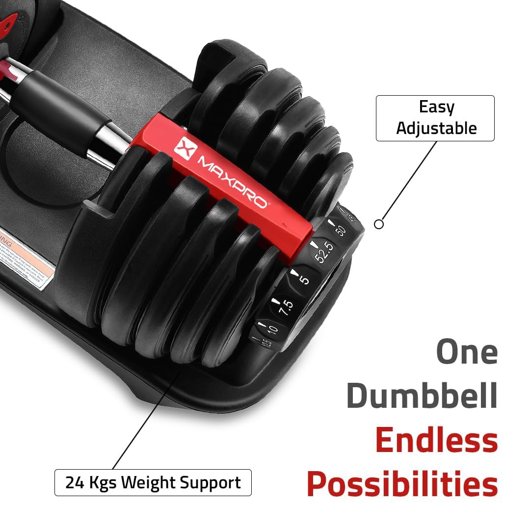 Maxpro MAXBELL Adjustable Dumbbells – 2.5 kg to 24 kg, 15 Weights in One, Secure Lock, Storage Tray
