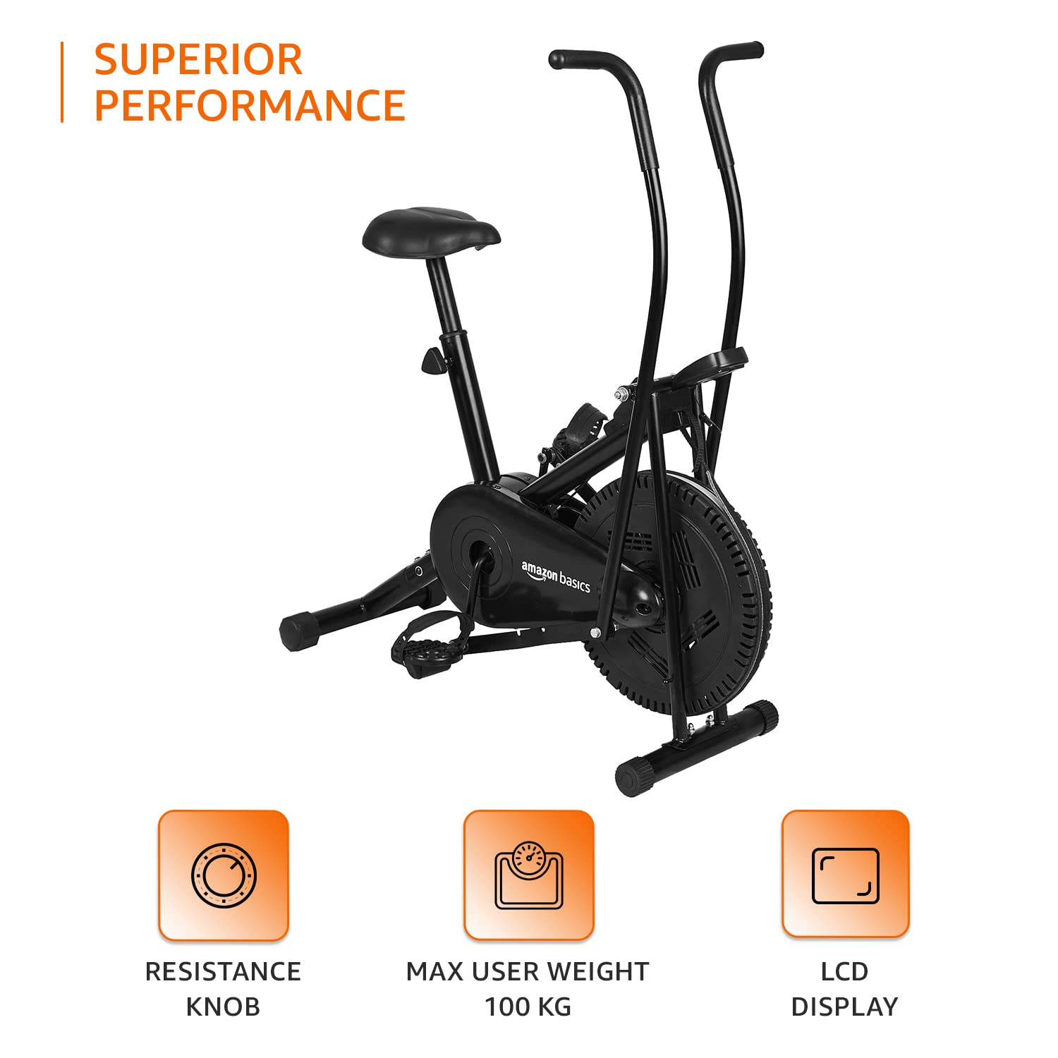 AmazonBasics Stationary Exercise Bike – Adjustable Cushioned Seat & Dual-Workout Handles (Upright/Air)
