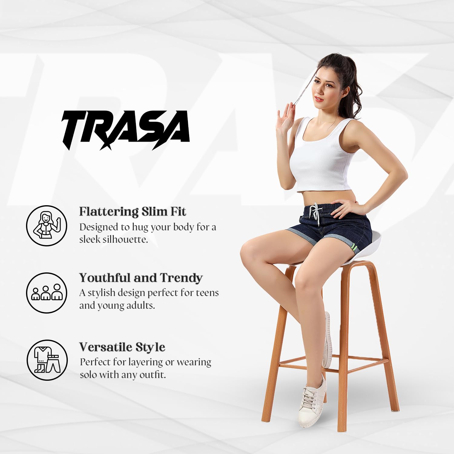 Trasa Women's Sleeveless Rib Knitted 100% Cotton Racer Back Tank Top – Square Neck Crop Top in White (Size Medium, Slim Fit)