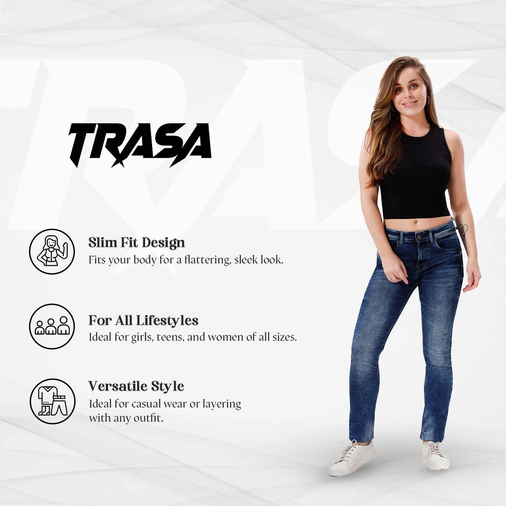 Trasa Women's Sleeveless Rib Knitted Cotton Racer Back Tank Top – Crew Neck Crop Top in Black (Size Large, Slim Fit)