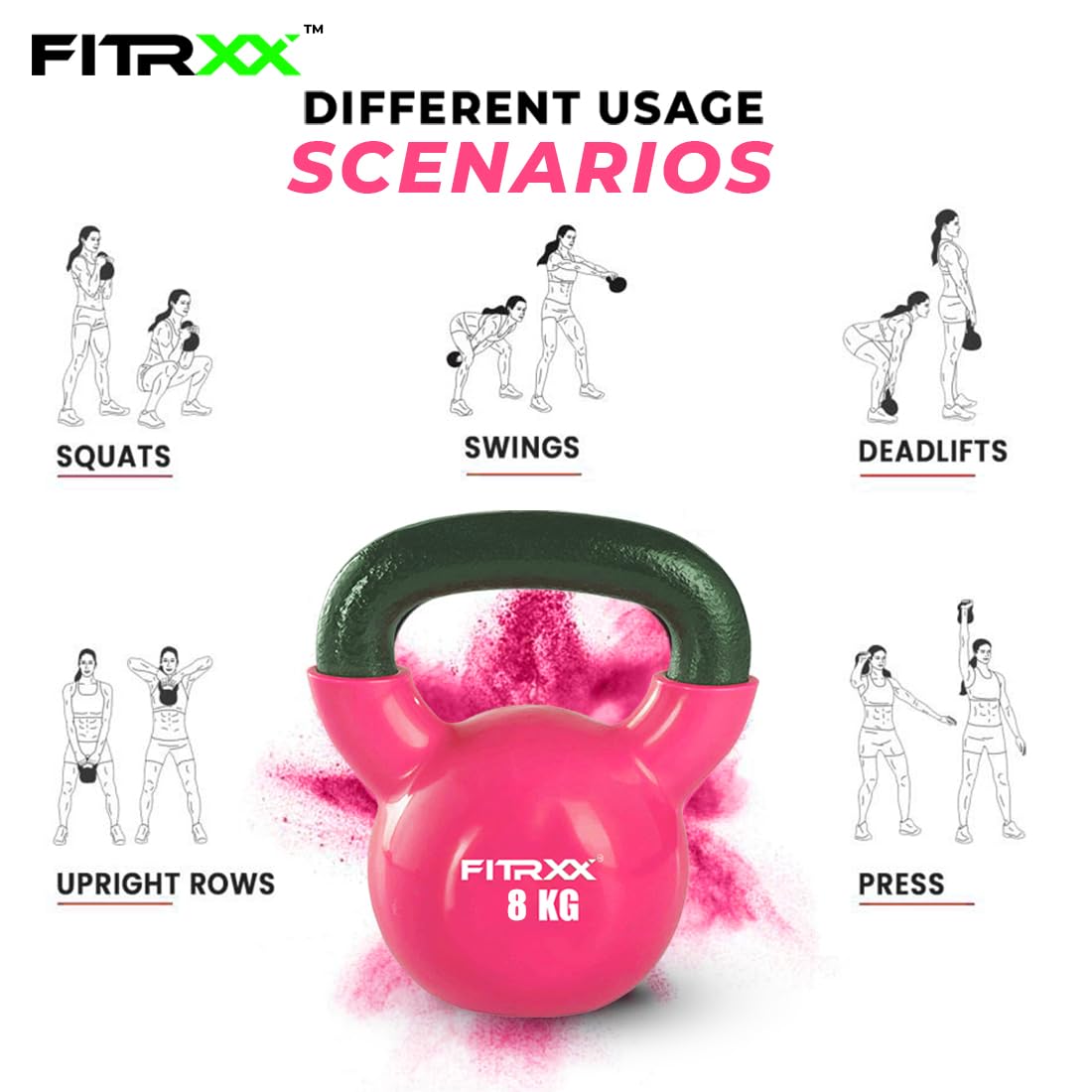 FITRXX Coated Solid Kettlebell – 8 Kilograms, Pink – Durable Weight for Strength Training