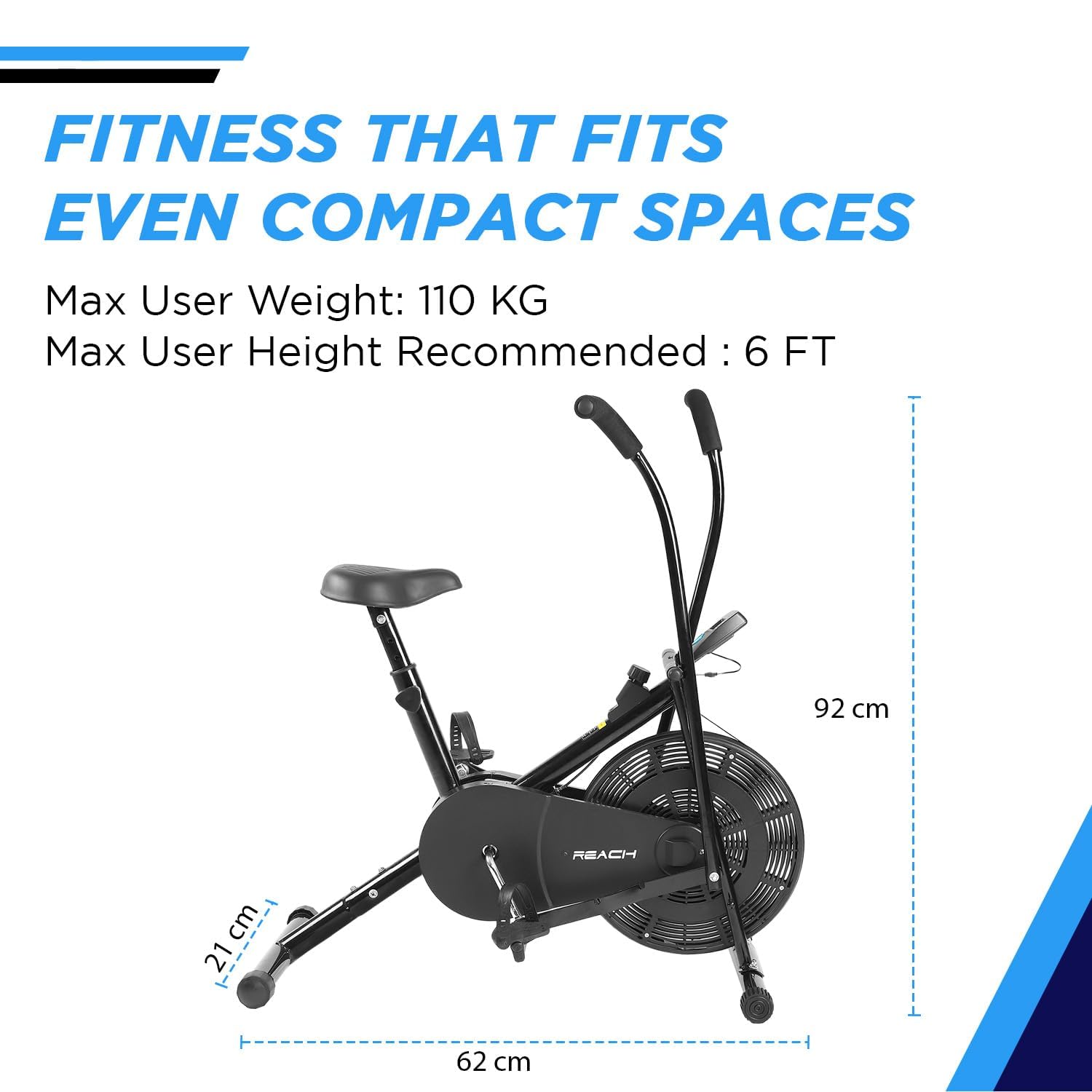 Reach AB-110 Air Bike – Moving/Stationary Handles, Adjustable Resistance & Cushioned Seat